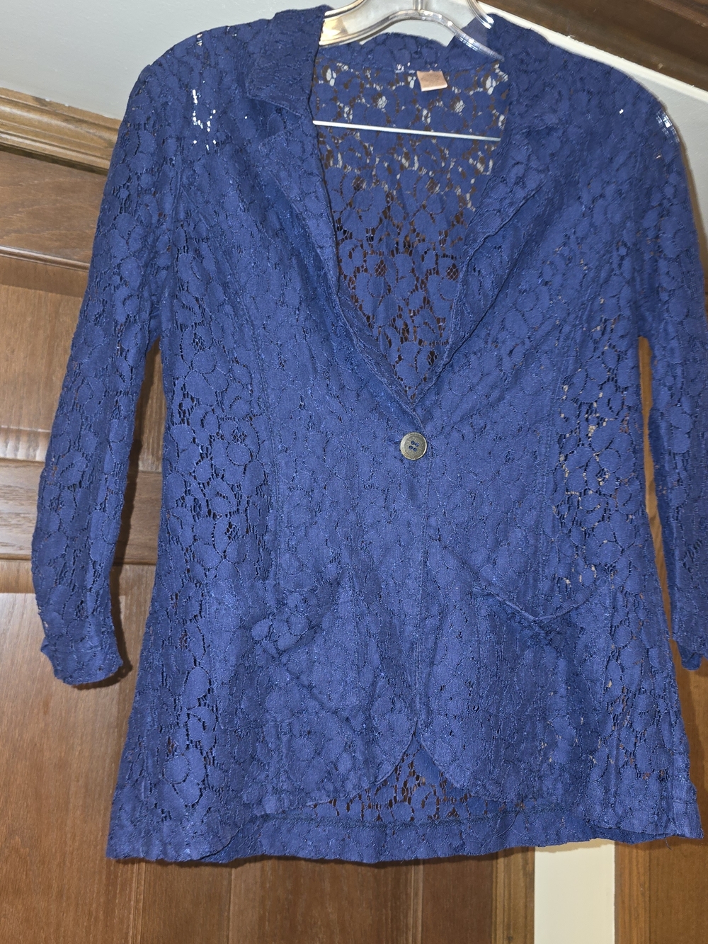 Women's Small Navy Blue Sheer Lace Blazer Open Front Pockets GUC